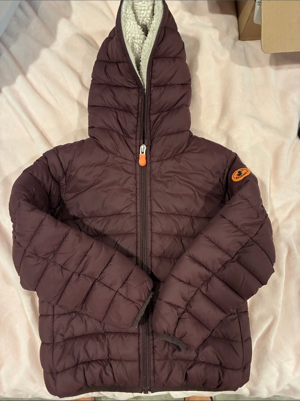 SAVE THE DUCK Kids Quilted Hooded Puffer Jacket in Burgundy with Orange Accent